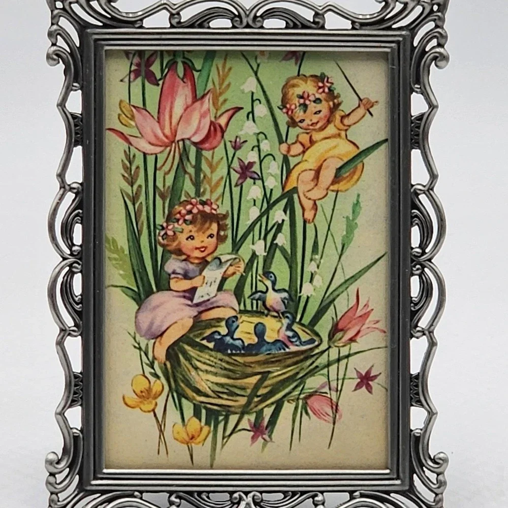 Vintage Silver Tone Baroque Picture Frame Ornate 3x5 Pixie Fairies Card Print